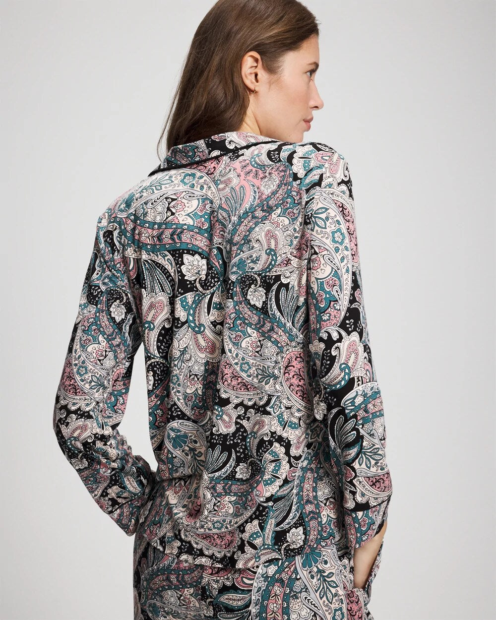 REGAL PAISLEY BLACK - Cool Nights Long Sleeve Notch Collar with Piped Placket Pajama Top | Soma