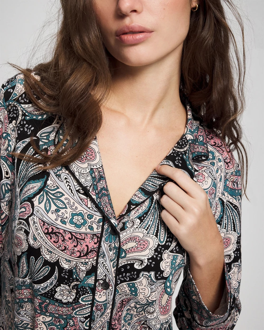 REGAL PAISLEY BLACK - Cool Nights Long Sleeve Notch Collar with Piped Placket Pajama Top | Soma
