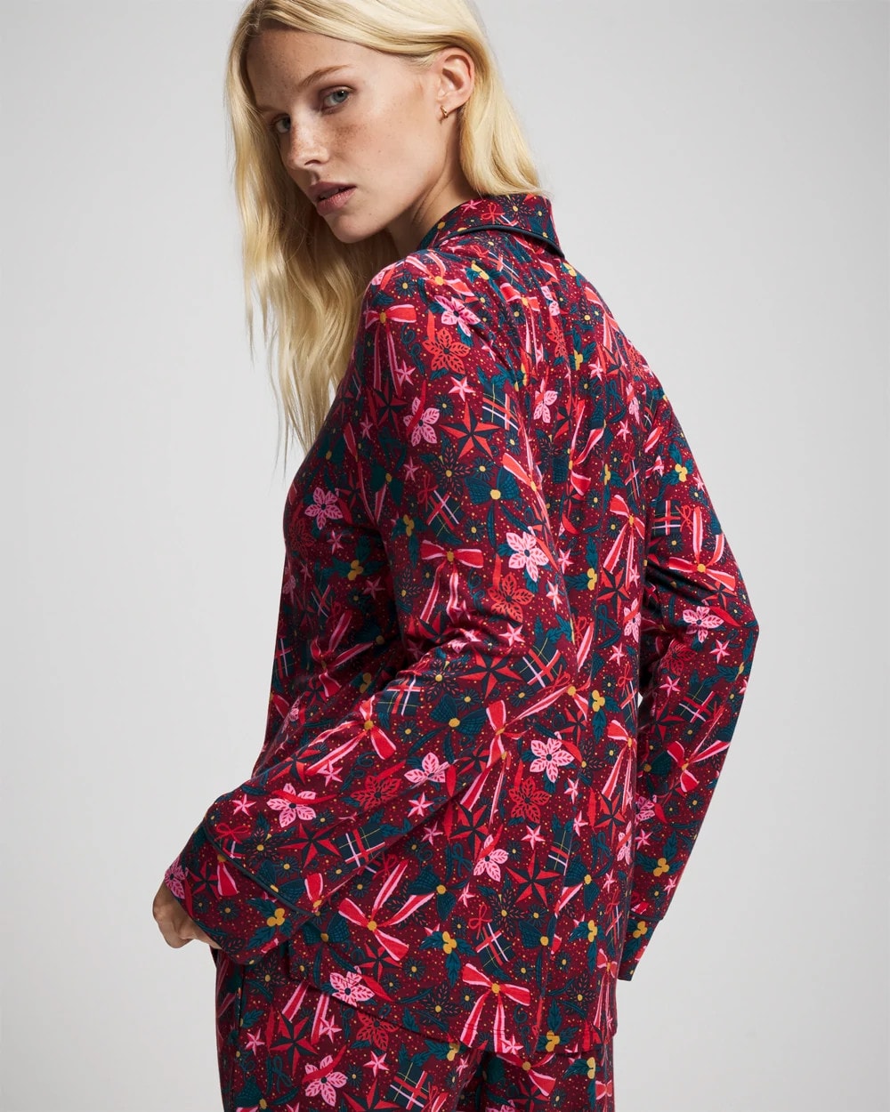 HOLLY JOLLY RED VELVET - Cool Nights Long Sleeve Notch Collar with Piped Placket Pajama Top | Soma