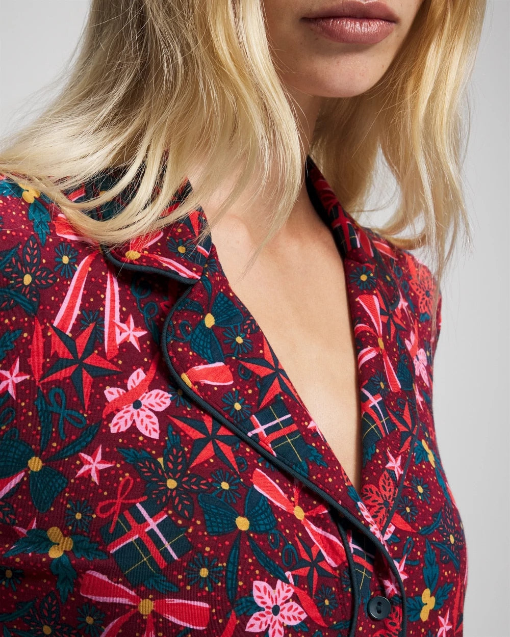 HOLLY JOLLY RED VELVET - Cool Nights Long Sleeve Notch Collar with Piped Placket Pajama Top | Soma