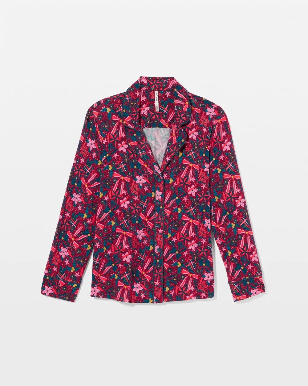 HOLLY JOLLY RED VELVET - Cool Nights Long Sleeve Notch Collar with Piped Placket Pajama Top | Soma