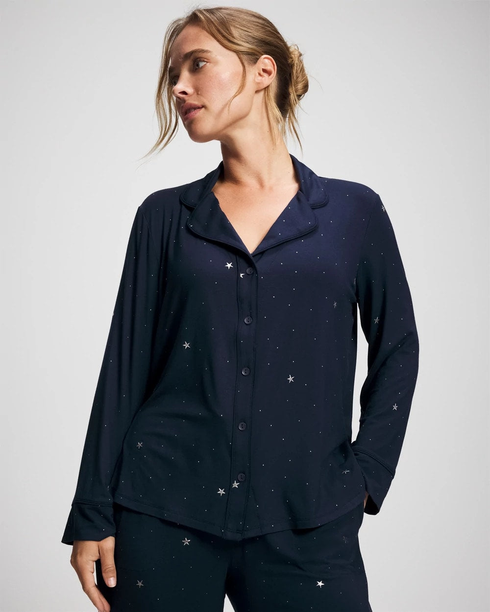 SILVER DEW DROP/NAVY - Cool Nights Long Sleeve Notch Collar with Piped Placket Pajama Top | Soma