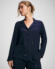 SILVER DEW DROP/NAVY - Cool Nights Long Sleeve Notch Collar with Piped Placket Pajama Top | Soma