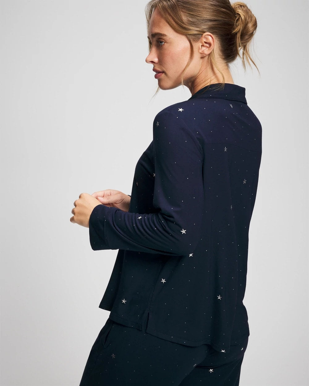 SILVER DEW DROP/NAVY - Cool Nights Long Sleeve Notch Collar with Piped Placket Pajama Top | Soma