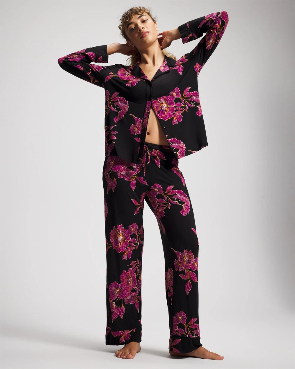 GILDED BLOOMS MAGENTA - Cool Nights Long Sleeve Notch Collar with Piped Placket Pajama Top | Soma