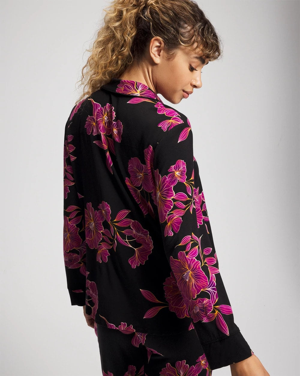 GILDED BLOOMS MAGENTA - Cool Nights Long Sleeve Notch Collar with Piped Placket Pajama Top | Soma