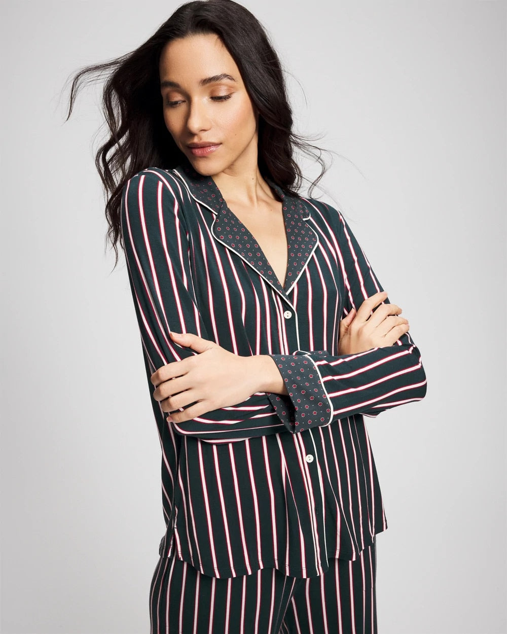 MIDNIGHT STRIPE GREEN JOL - Cool Nights Long Sleeve Notch Collar with Piped Placket Pajama Top | Soma