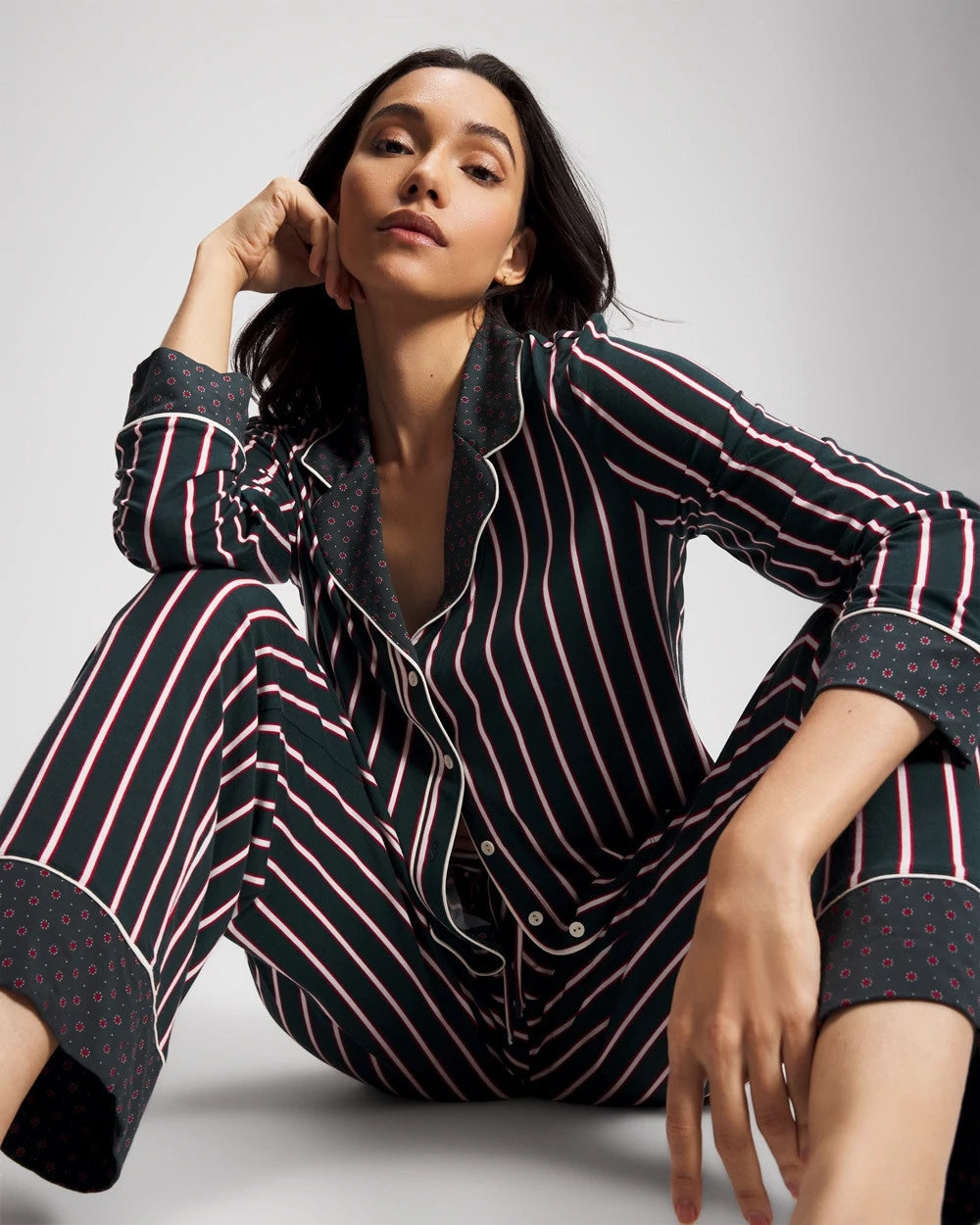 MIDNIGHT STRIPE GREEN JOL - Cool Nights Long Sleeve Notch Collar with Piped Placket Pajama Top | Soma