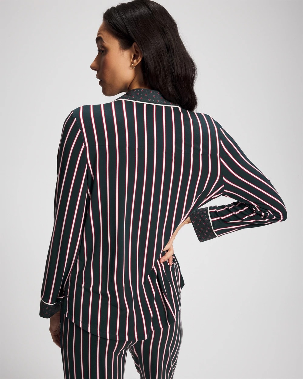 MIDNIGHT STRIPE GREEN JOL - Cool Nights Long Sleeve Notch Collar with Piped Placket Pajama Top | Soma