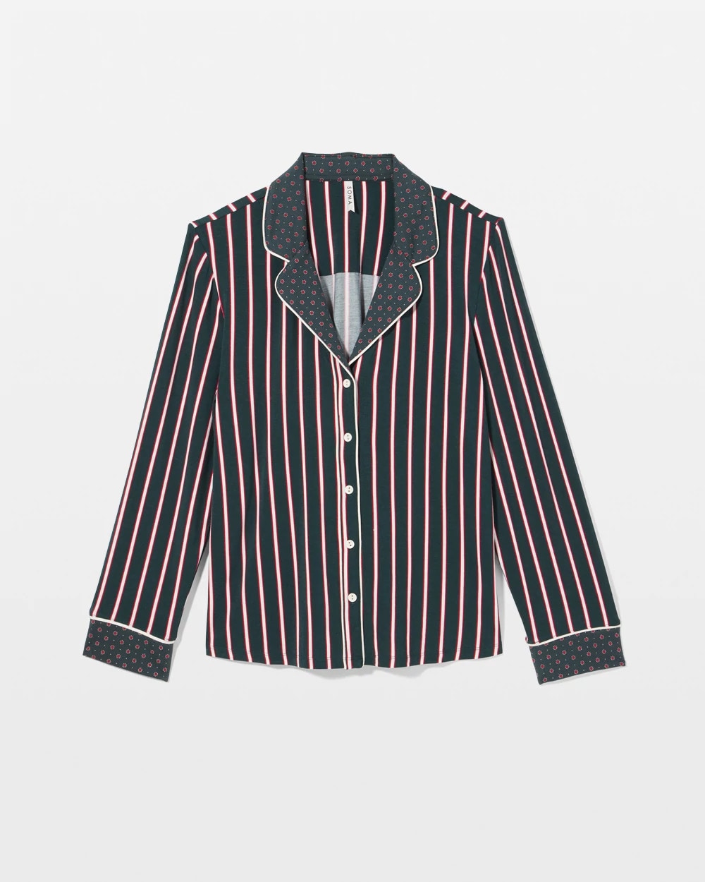 MIDNIGHT STRIPE GREEN JOL - Cool Nights Long Sleeve Notch Collar with Piped Placket Pajama Top | Soma