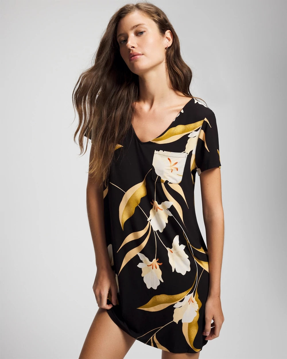 MYSTIC BLOOMS BLACK MID - Short Sleeve Sleepshirt | Soma