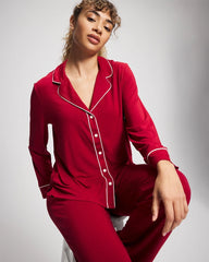 PAINT THE TOWN RED - Long Sleeve Notch Collar w/ Piped Placket Pajama Top | Soma