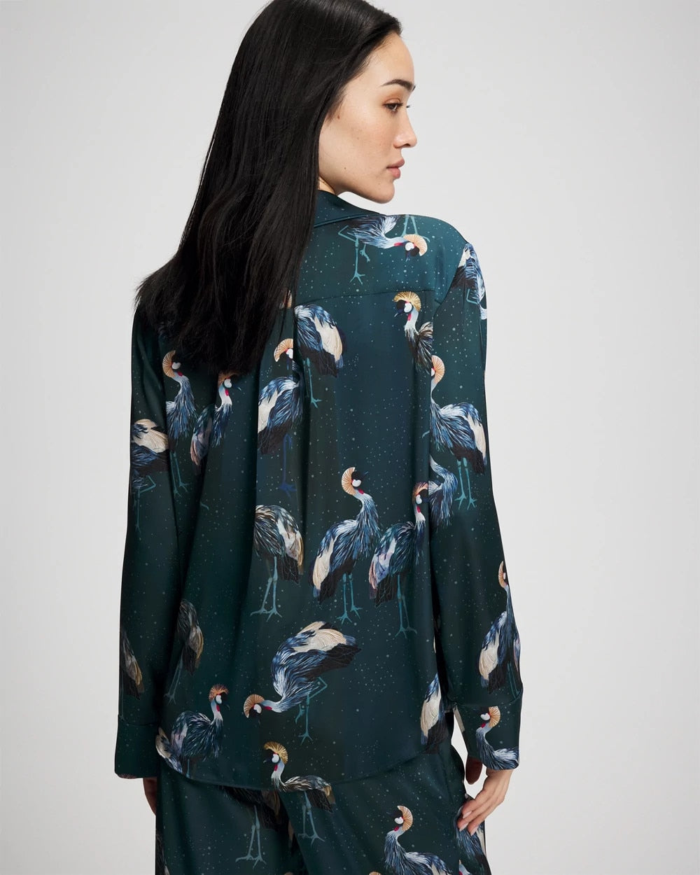 MIDNIGHT CRANES BLUE - Long Sleeve Notch Collar Pajama Top | Soma