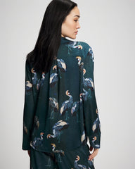 MIDNIGHT CRANES BLUE - Long Sleeve Notch Collar Pajama Top | Soma