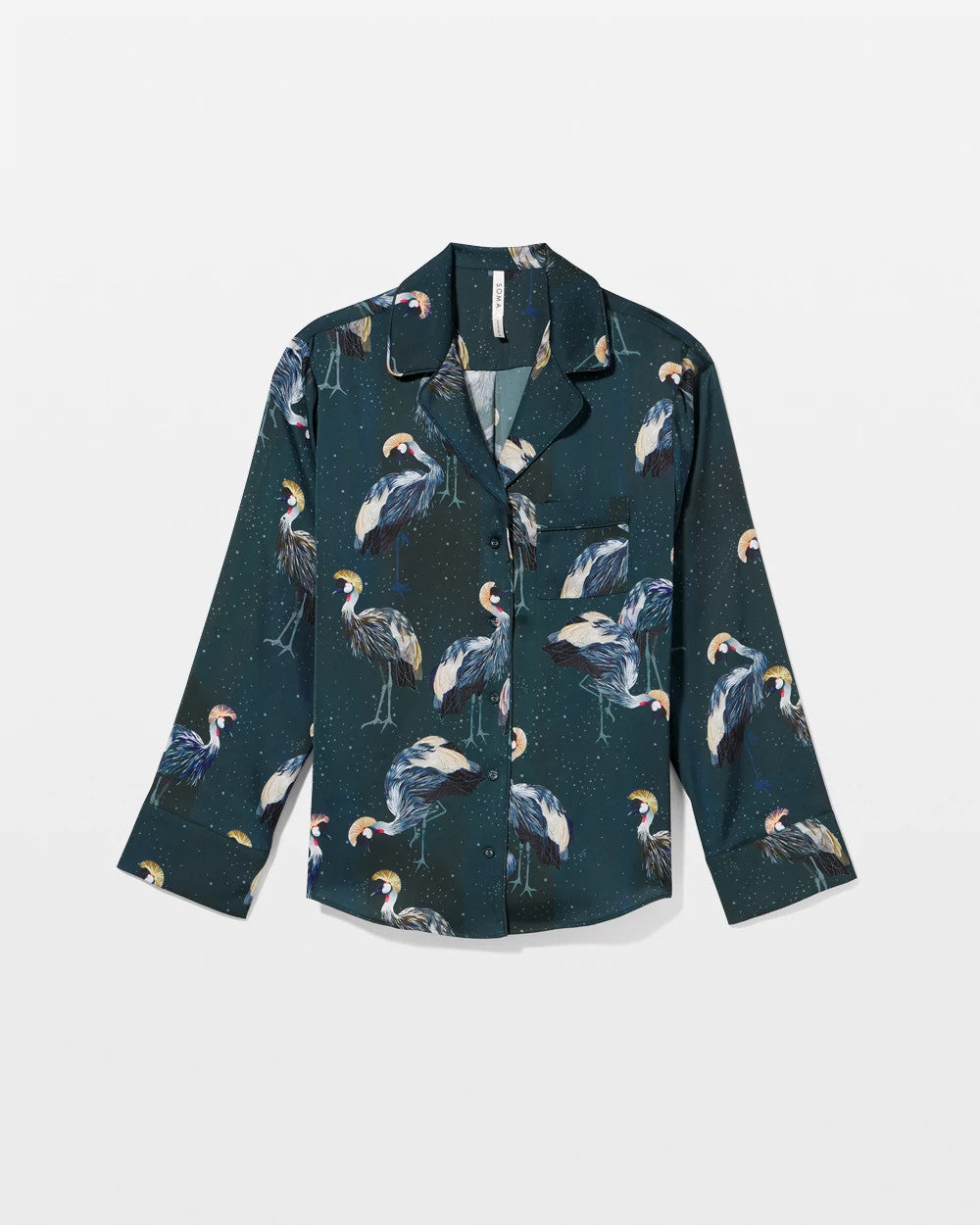 MIDNIGHT CRANES BLUE - Long Sleeve Notch Collar Pajama Top | Soma
