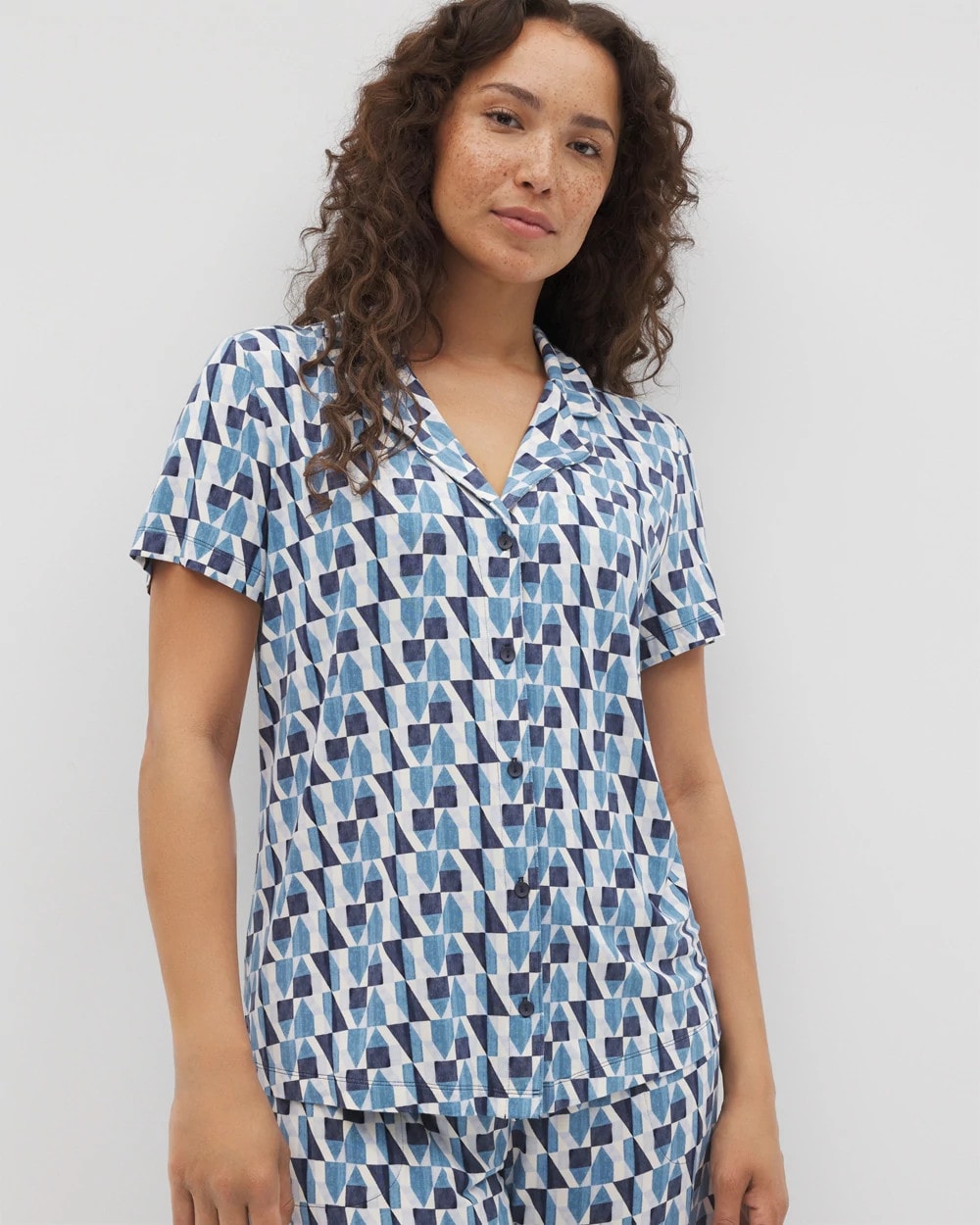 PRISM GEO MID NAVY - Short Sleeve Notch Collar Pajama Top | Soma
