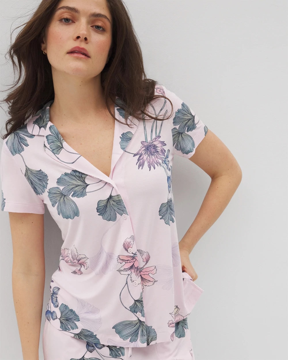 FLORAL HAVEN SUGAR COATED - Short Sleeve Notch Collar Pajama Top | Soma