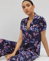 BLOOM BRIGHTLY NAVY - Short Sleeve Notch Collar Pajama Top | Soma