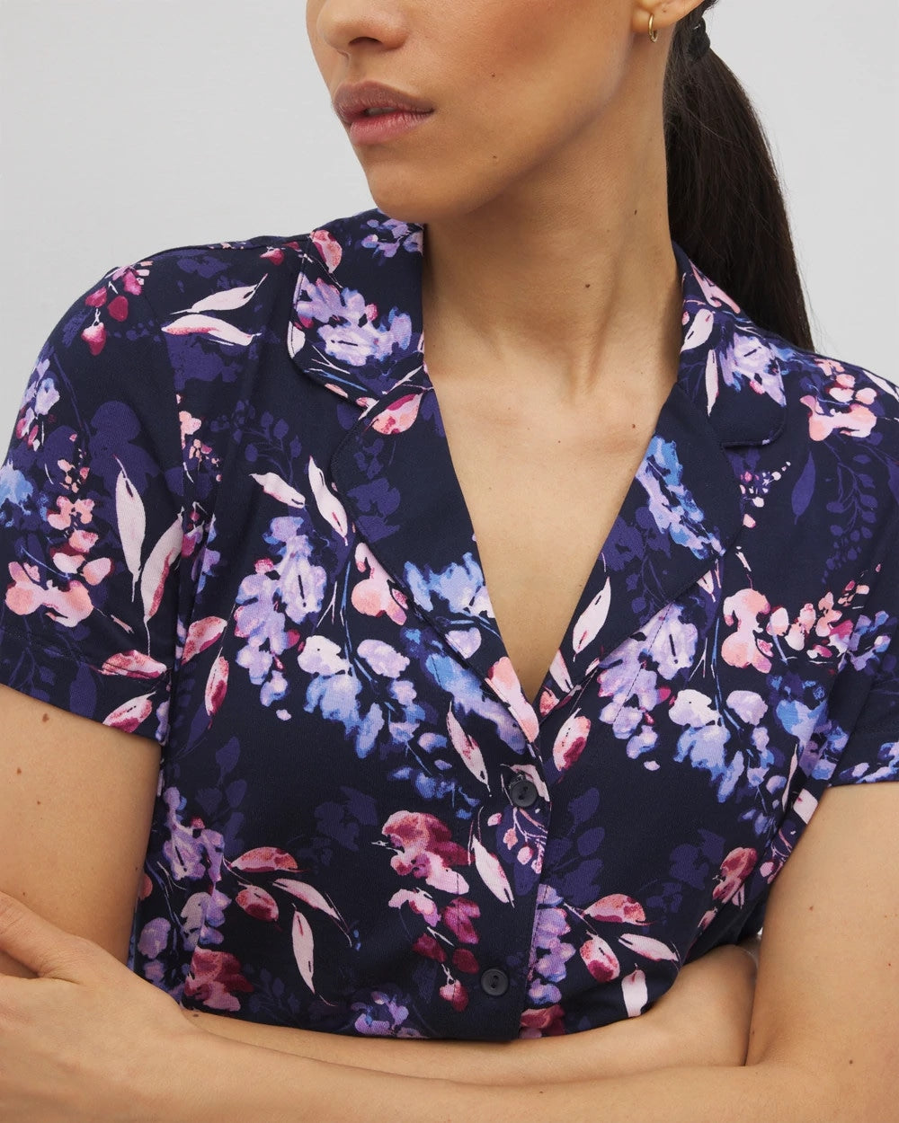 BLOOM BRIGHTLY NAVY - Short Sleeve Notch Collar Pajama Top | Soma