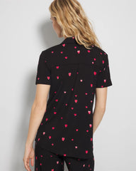 FLOATING HEARTS BLACK RED - Short Sleeve Notch Collar Pajama Top | Soma