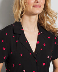 FLOATING HEARTS BLACK RED - Short Sleeve Notch Collar Pajama Top | Soma