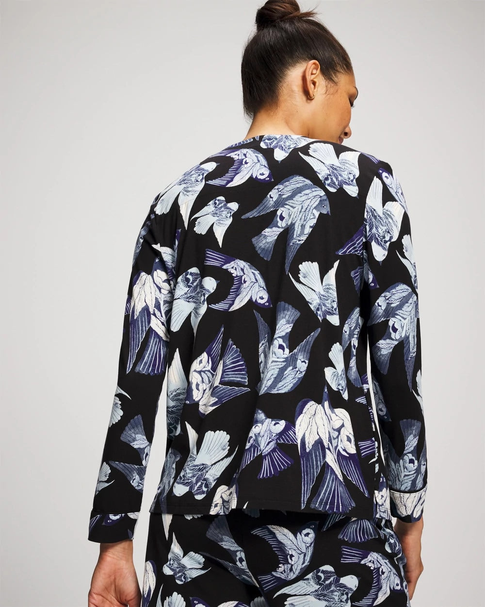 WHIMSICAL WINGS BLK MID - Piped Long-Sleeve Notch Pajama Top | Soma