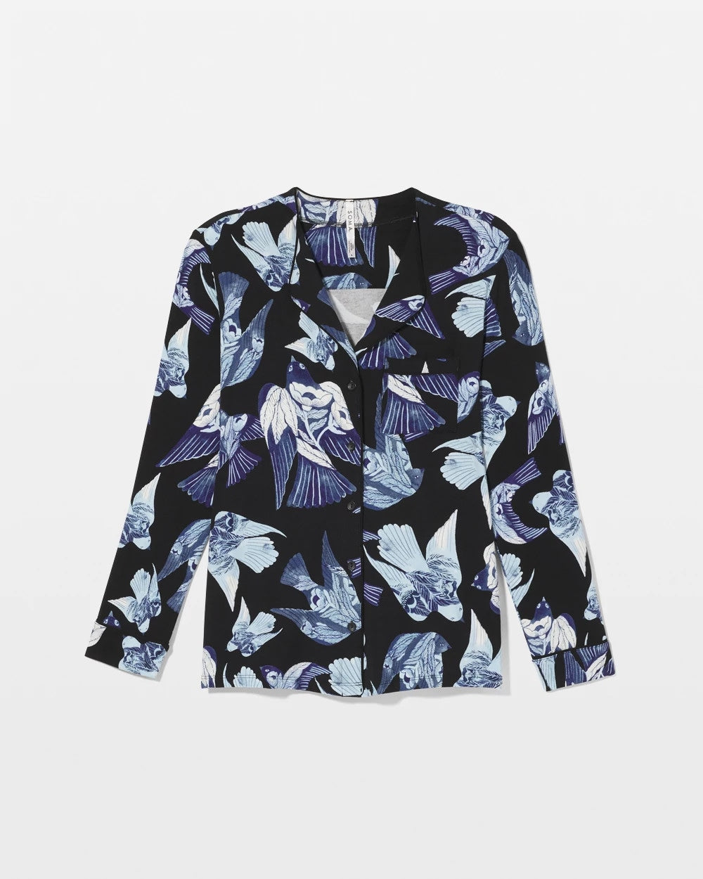 WHIMSICAL WINGS BLK MID - Piped Long-Sleeve Notch Pajama Top | Soma