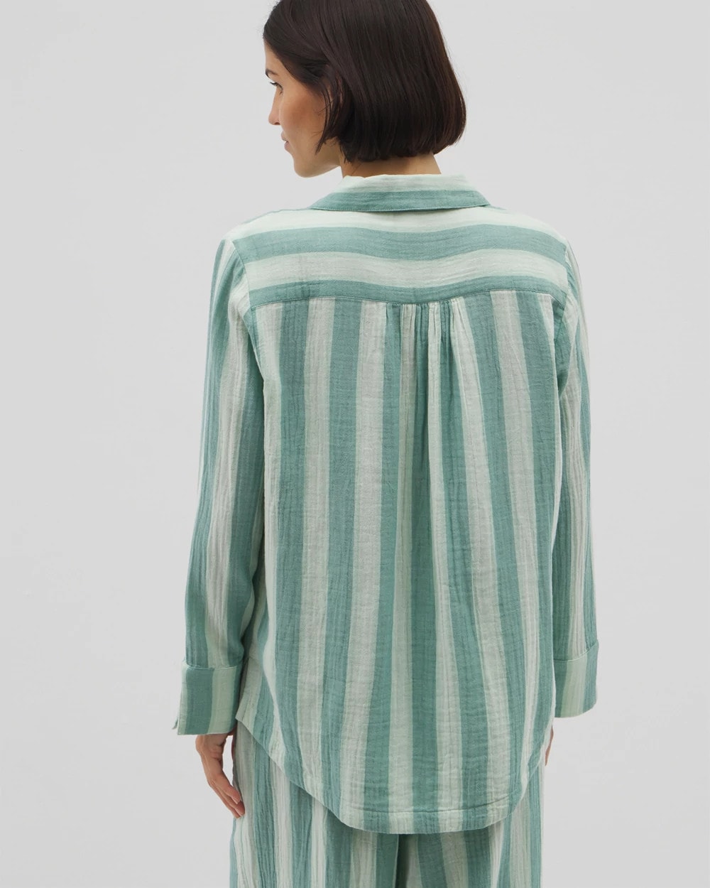 TEAL STRIPE - Cotton Gauze Long Sleeve Notch Collar Pajama Top | Soma