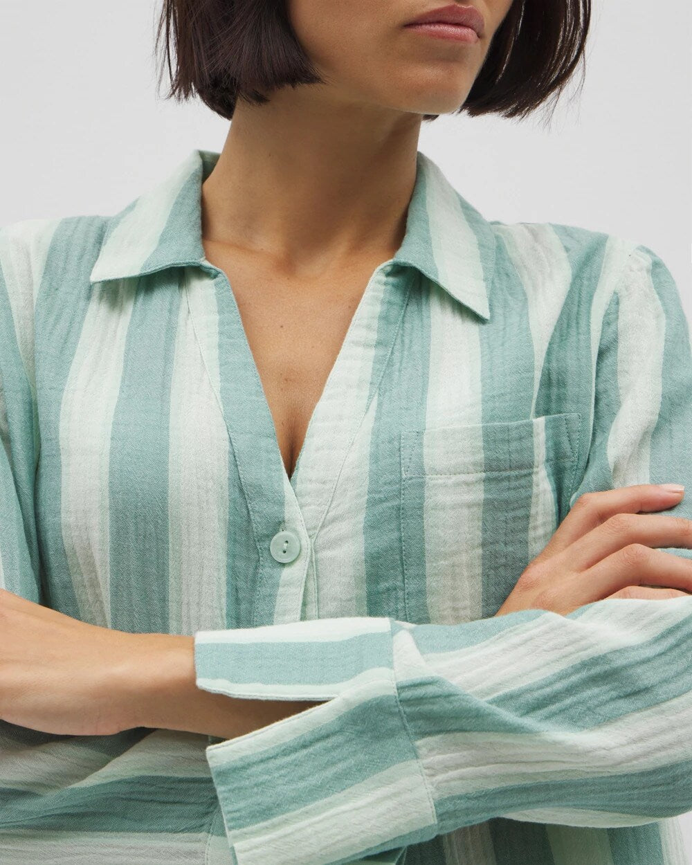 TEAL STRIPE - Cotton Gauze Long Sleeve Notch Collar Pajama Top | Soma
