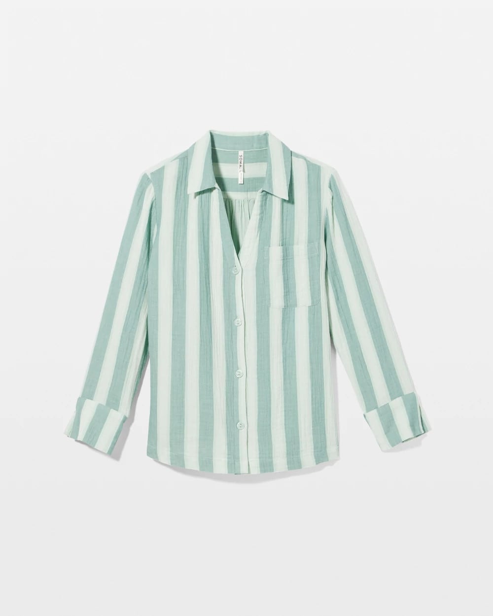 TEAL STRIPE - Cotton Gauze Long Sleeve Notch Collar Pajama Top | Soma