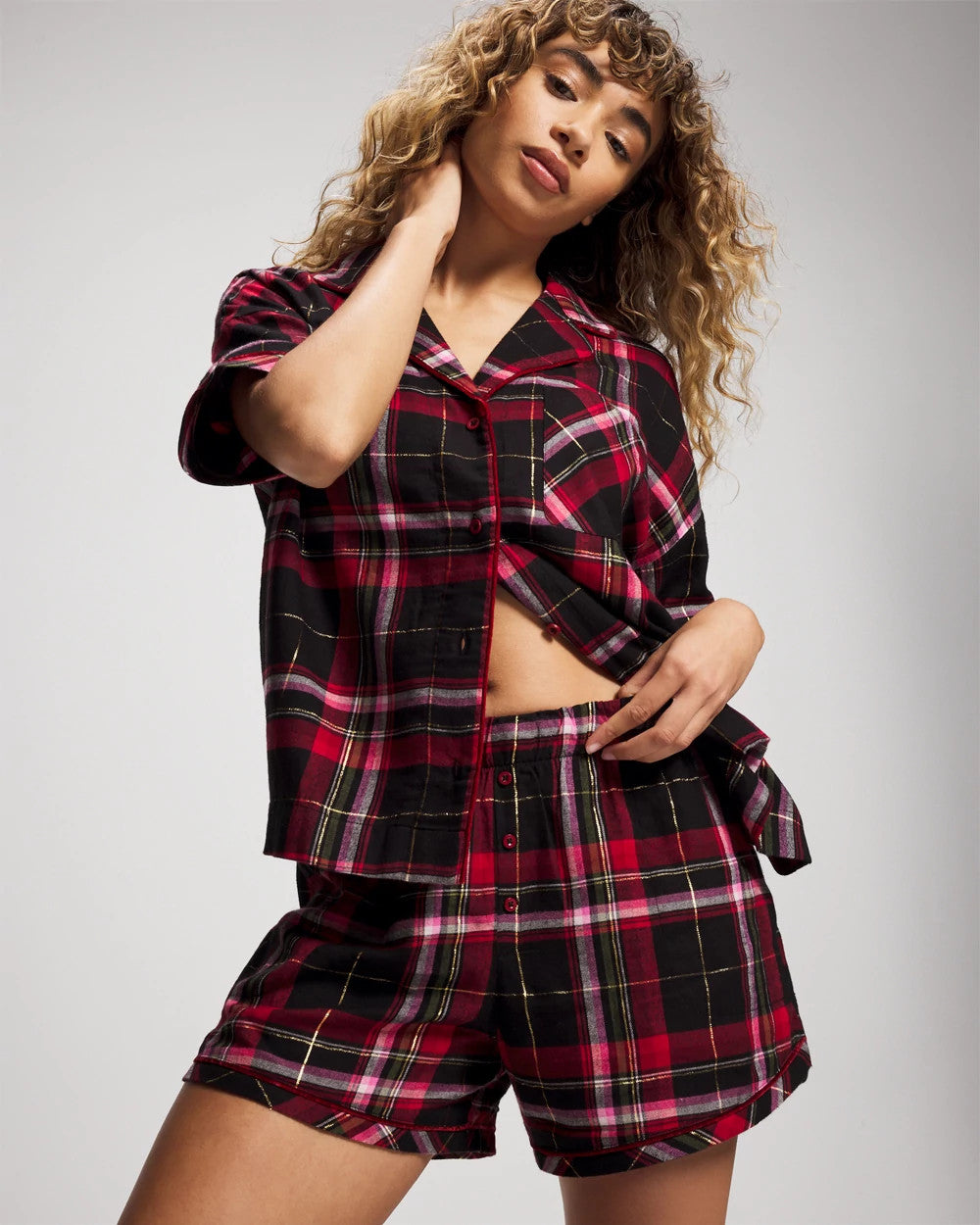 MAD FOR PLAID BLACK - Velvet Piped Boxer Pajama Short | Soma