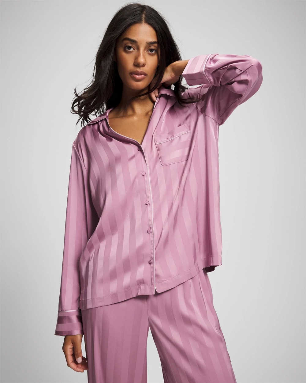 LILAC WINE - Shadow Stripe Long Sleeve Pajama Notch Collar Top | Soma