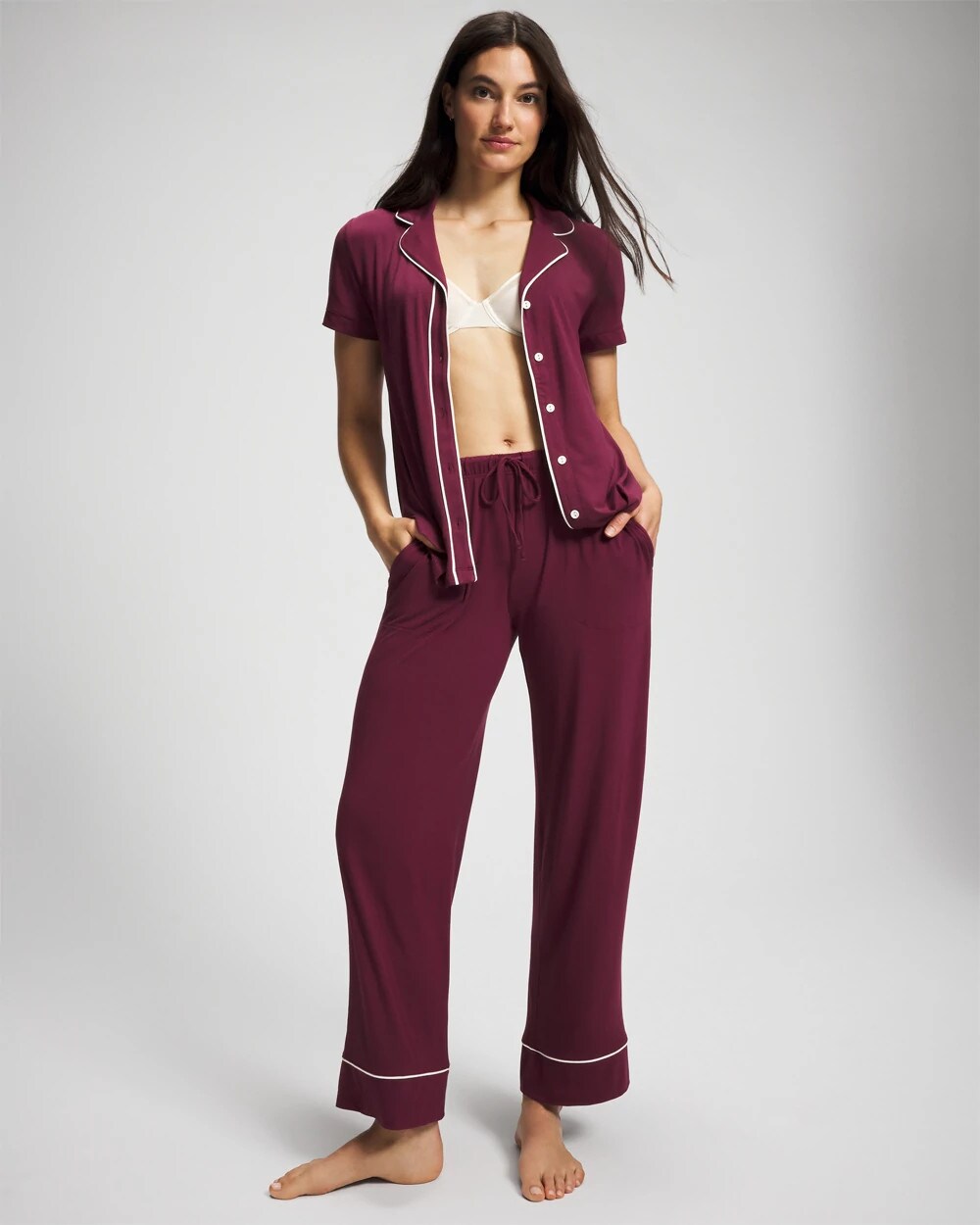 VELVET PLUM - Solid Short Sleeve Notch Collar Pajama Top | Soma