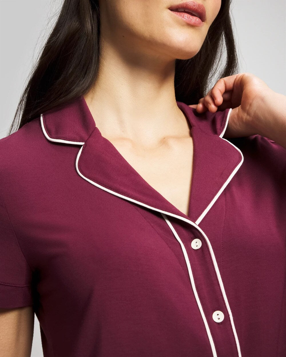 VELVET PLUM - Solid Short Sleeve Notch Collar Pajama Top | Soma
