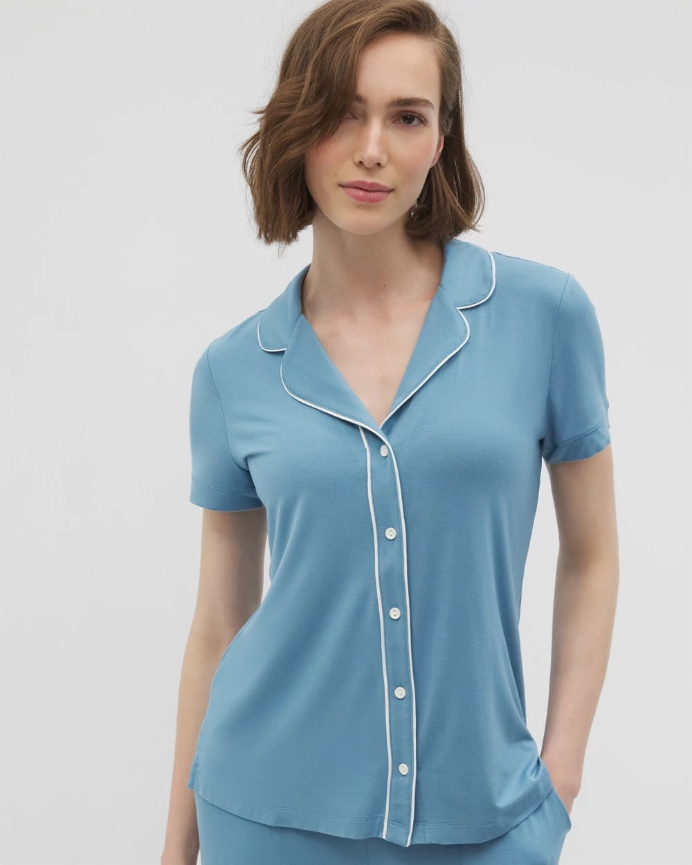 BLUE HEAVEN - Solid Short Sleeve Notch Collar Pajama Top | Soma