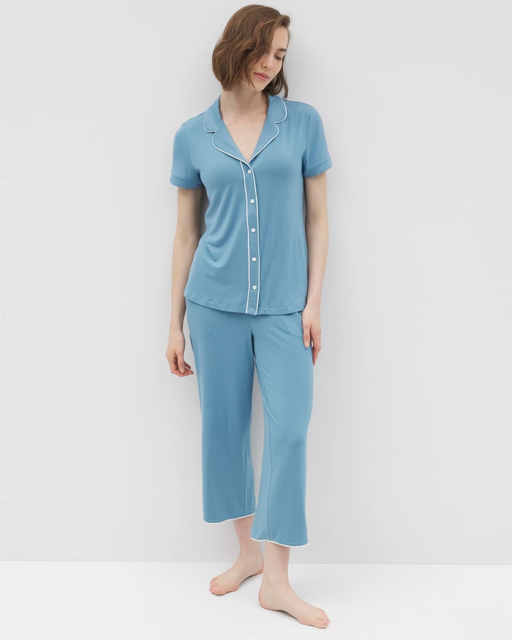 BLUE HEAVEN - Solid Short Sleeve Notch Collar Pajama Top | Soma