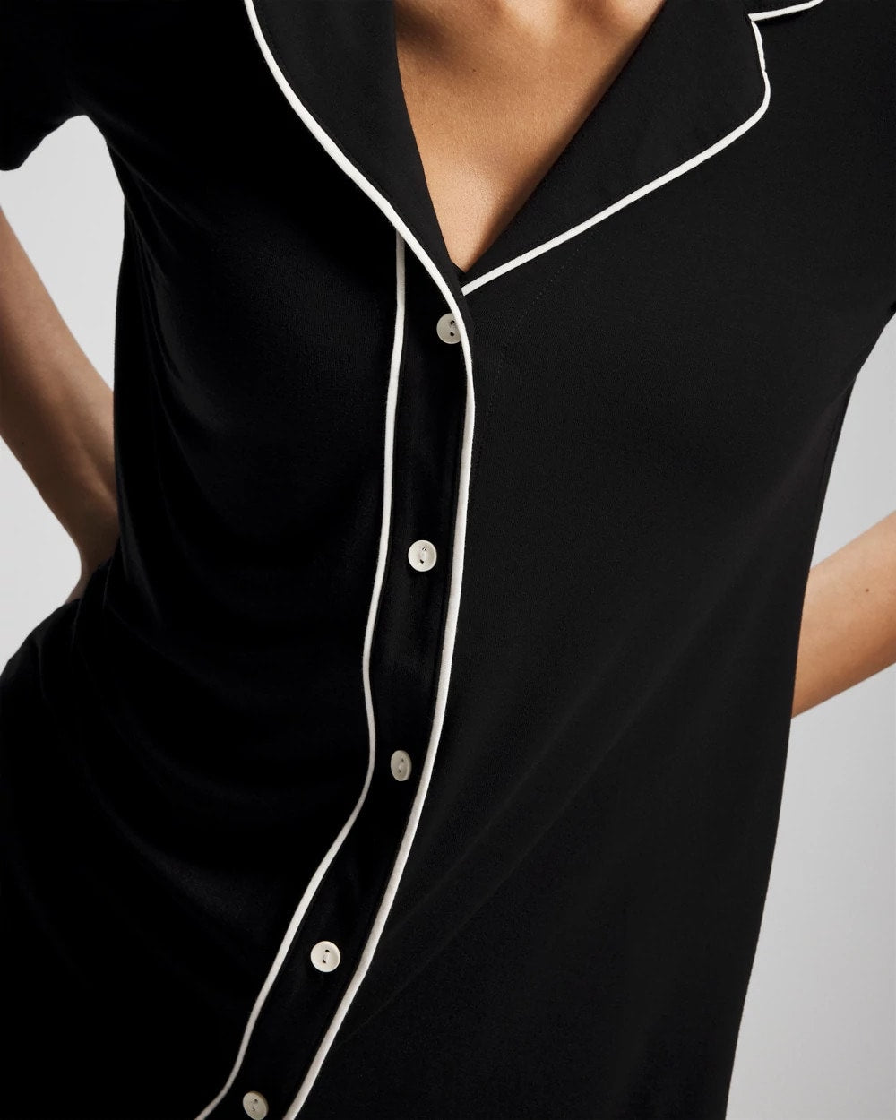 BLACK - Solid Short Sleeve Notch Collar Pajama Top | Soma