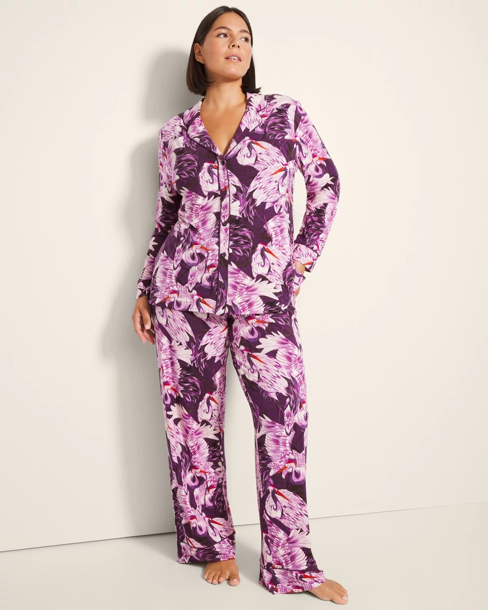 COURTING CRANES BLKBRY - Long-Sleeve Printed Notch Collar Pajama Top | Soma