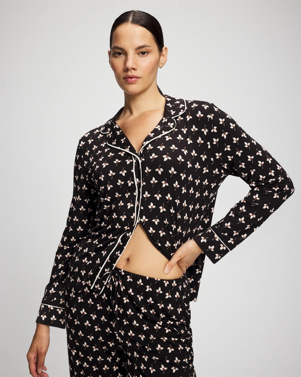 PEACEFUL PETALS BLACK - Long-Sleeve Printed Notch Collar Pajama Top | Soma