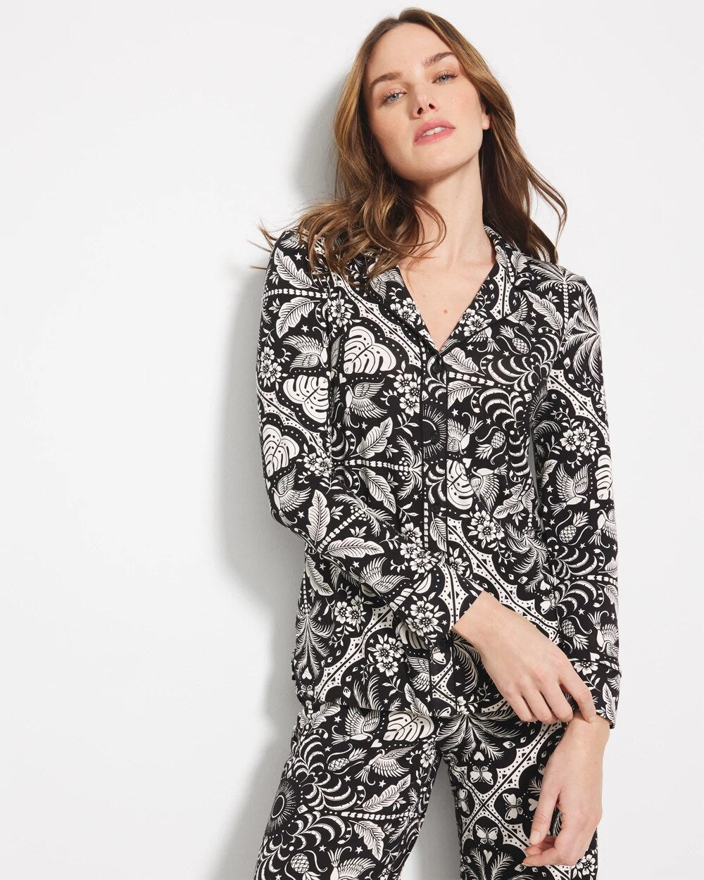 AMAZONIA TILE BLACK - Long-Sleeve Printed Notch Collar Pajama Top | Soma