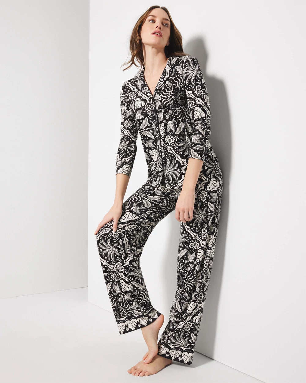 AMAZONIA TILE BLACK - Long-Sleeve Printed Notch Collar Pajama Top | Soma