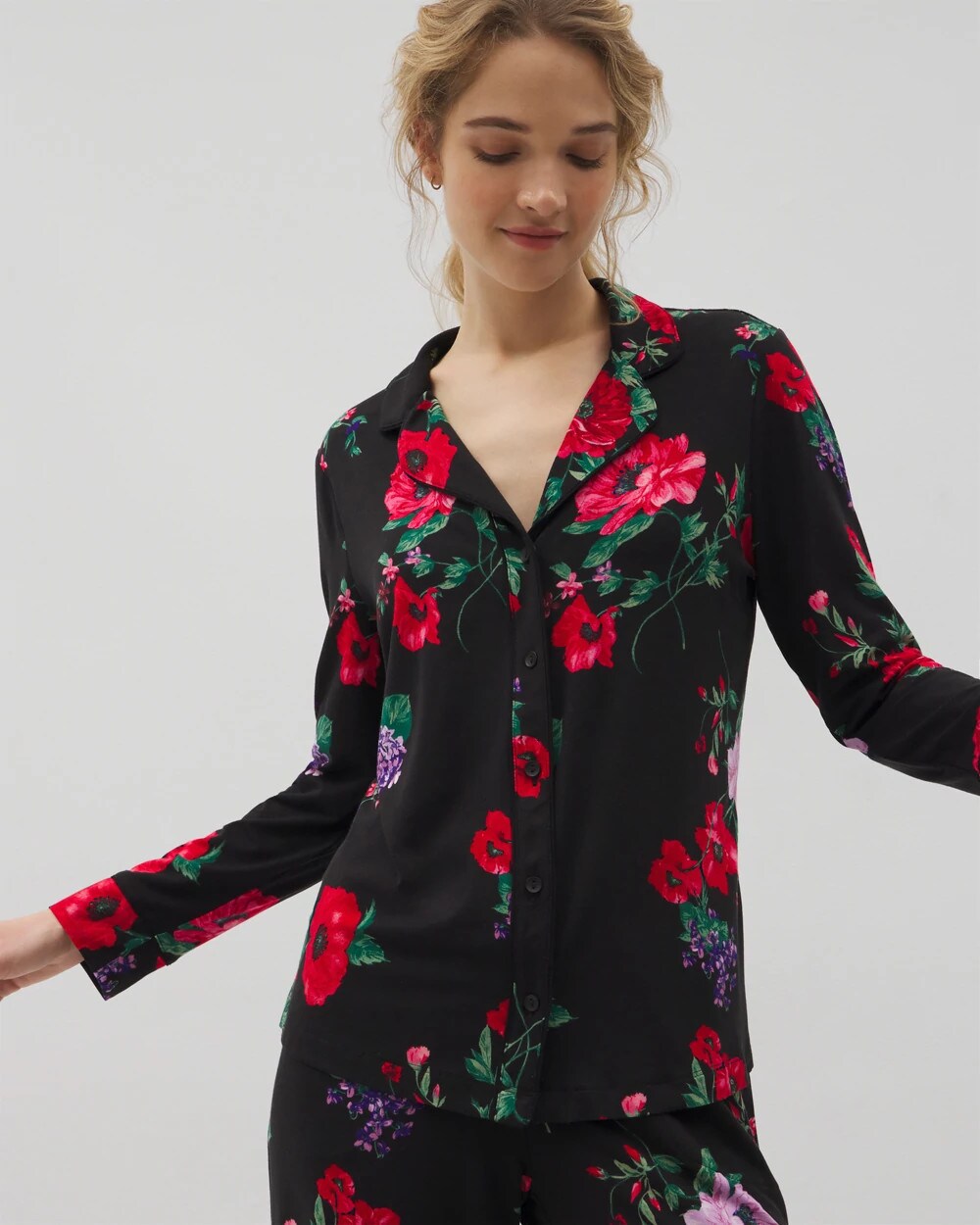 RHAPSODY FLORA BLACK - Long-Sleeve Printed Notch Collar Pajama Top | Soma