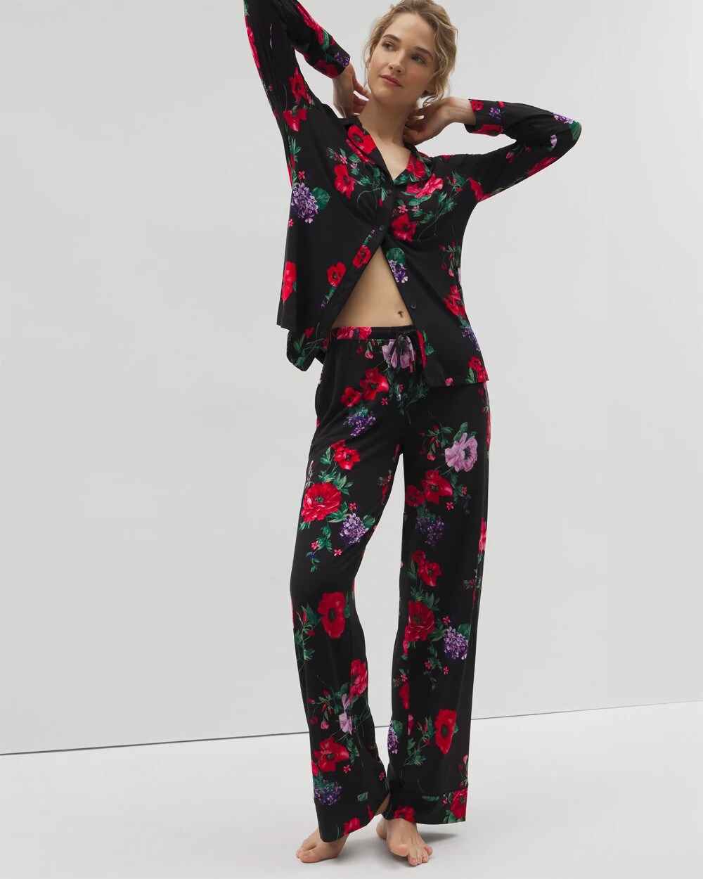 RHAPSODY FLORA BLACK - Long-Sleeve Printed Notch Collar Pajama Top | Soma