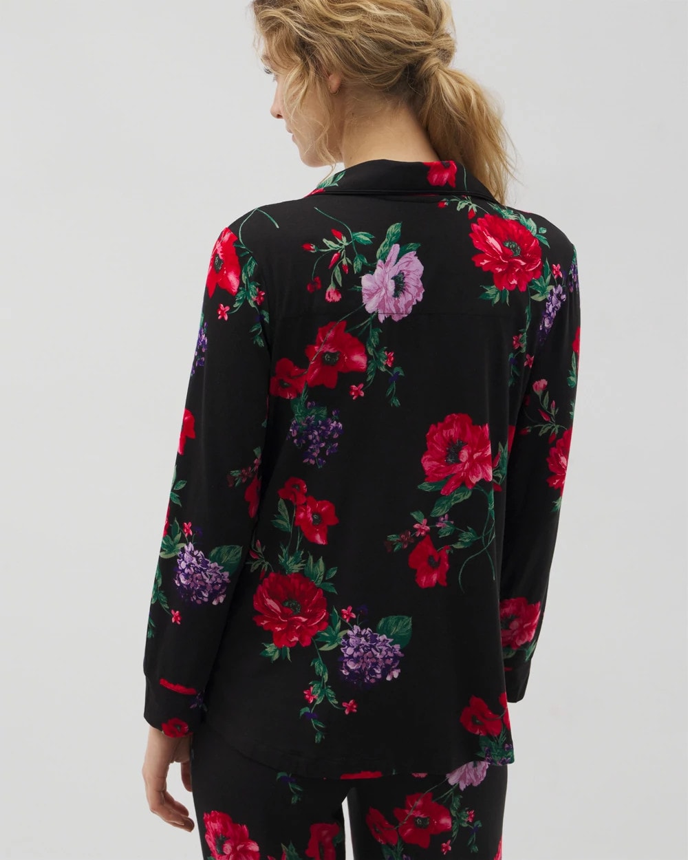 RHAPSODY FLORA BLACK - Long-Sleeve Printed Notch Collar Pajama Top | Soma