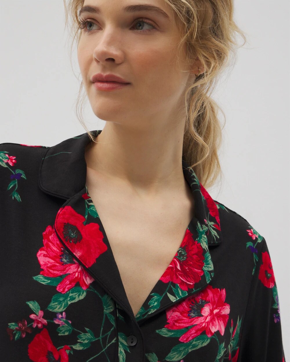 RHAPSODY FLORA BLACK - Long-Sleeve Printed Notch Collar Pajama Top | Soma