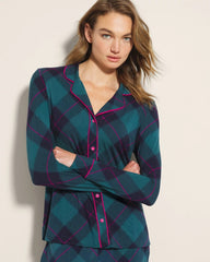 BUNDLE UP PLAID BIAS TEAL - Long-Sleeve Printed Notch Collar Pajama Top | Soma