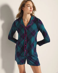 BUNDLE UP PLAID BIAS TEAL - Long-Sleeve Printed Notch Collar Pajama Top | Soma