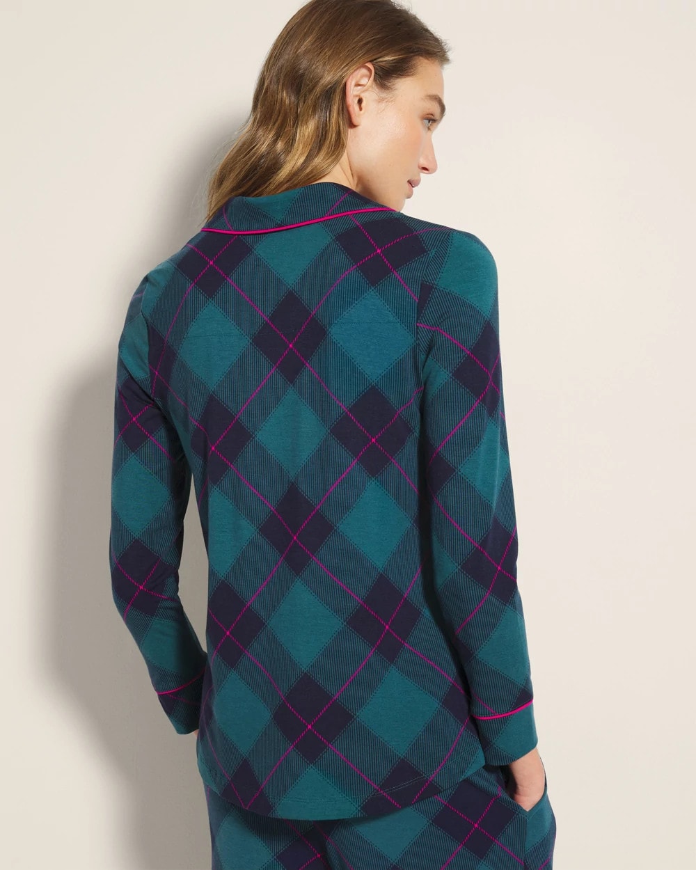 BUNDLE UP PLAID BIAS TEAL - Long-Sleeve Printed Notch Collar Pajama Top | Soma