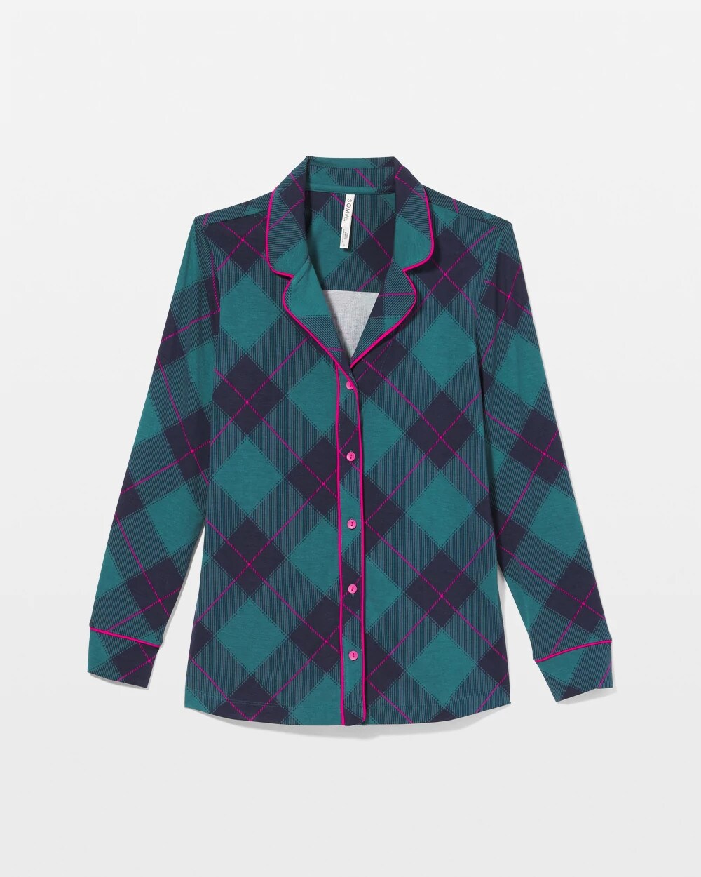 BUNDLE UP PLAID BIAS TEAL - Long-Sleeve Printed Notch Collar Pajama Top | Soma