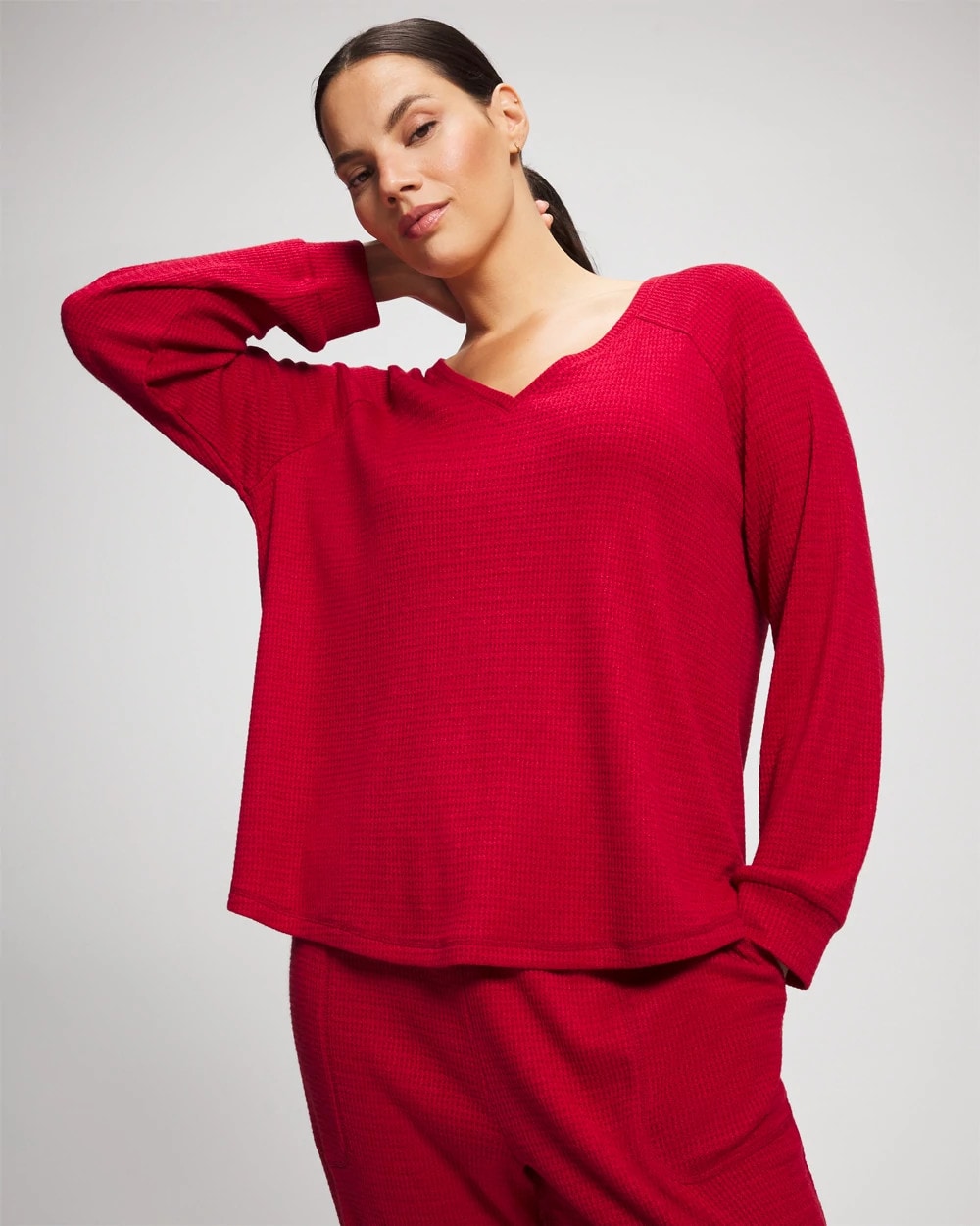 PAINT THE TOWN RED - Cozy Waffle Long Sleeve V-Neck Pajama Top | Soma